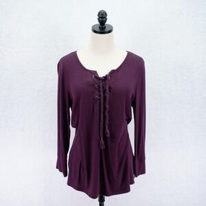 Democracy -Large- Burgandy Long Sleeve Top Blouse Lace-Up V-Neck‎ Rope Tie